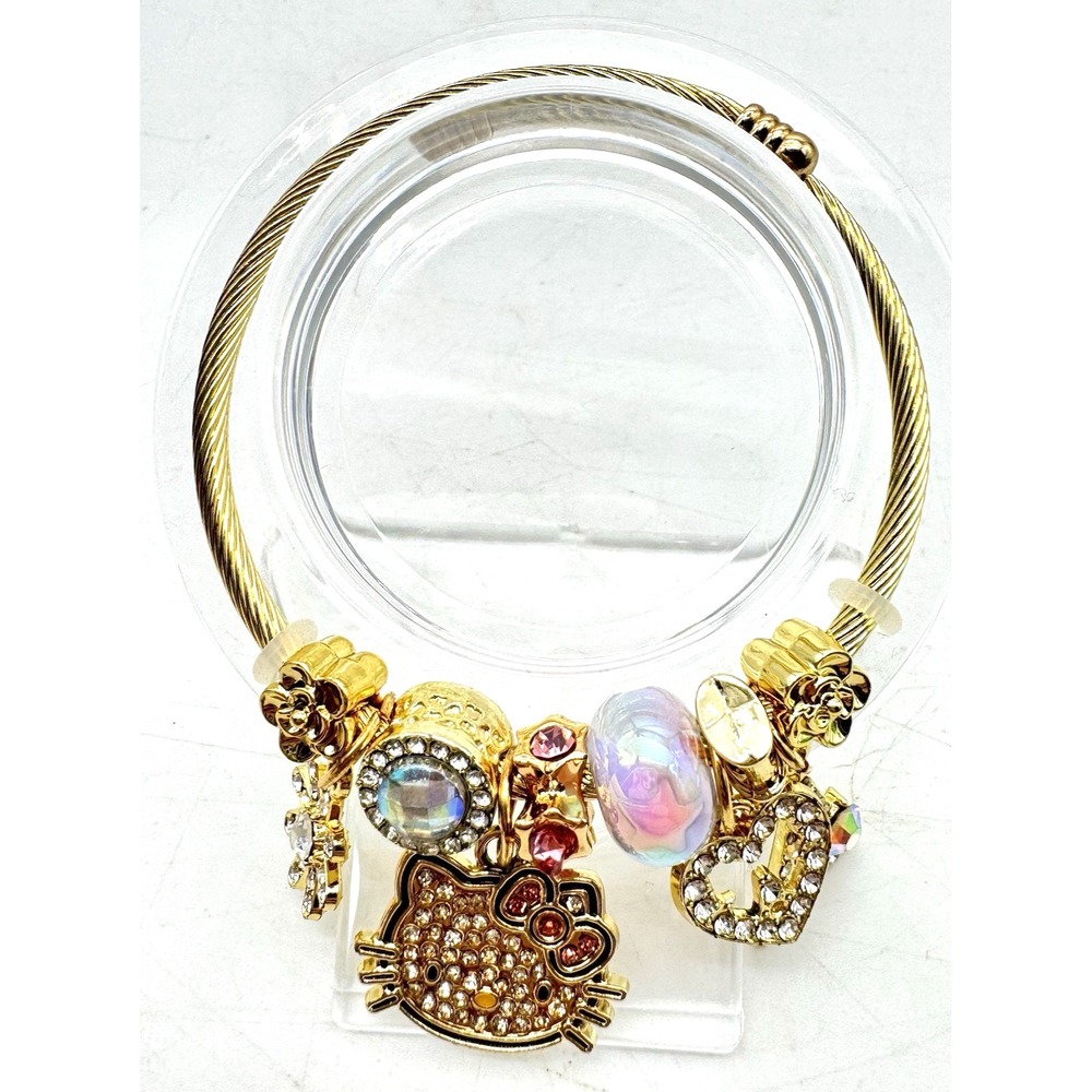 Hello Kitty Adjustable Charm Bracelet Rhinestones Gold Tone Pink Accents New